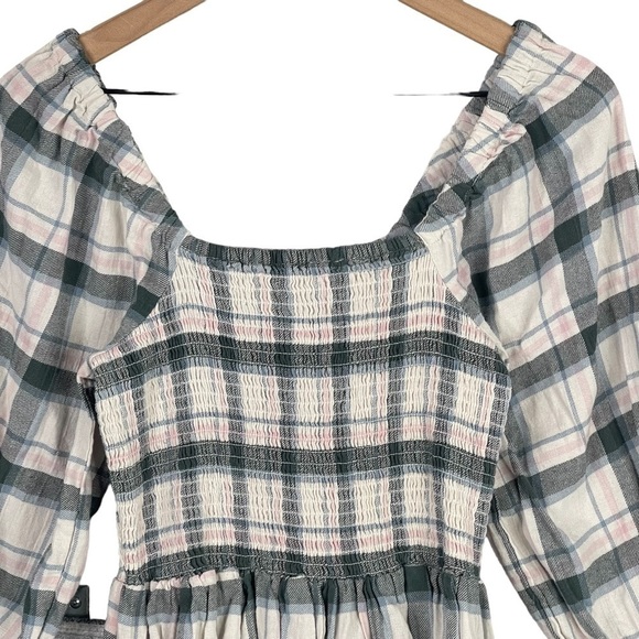 Madewell Dress Small Lucie Smocked Mini Soft Plaid Flannel Puff Sleeve Pockets - Picture 2 of 12